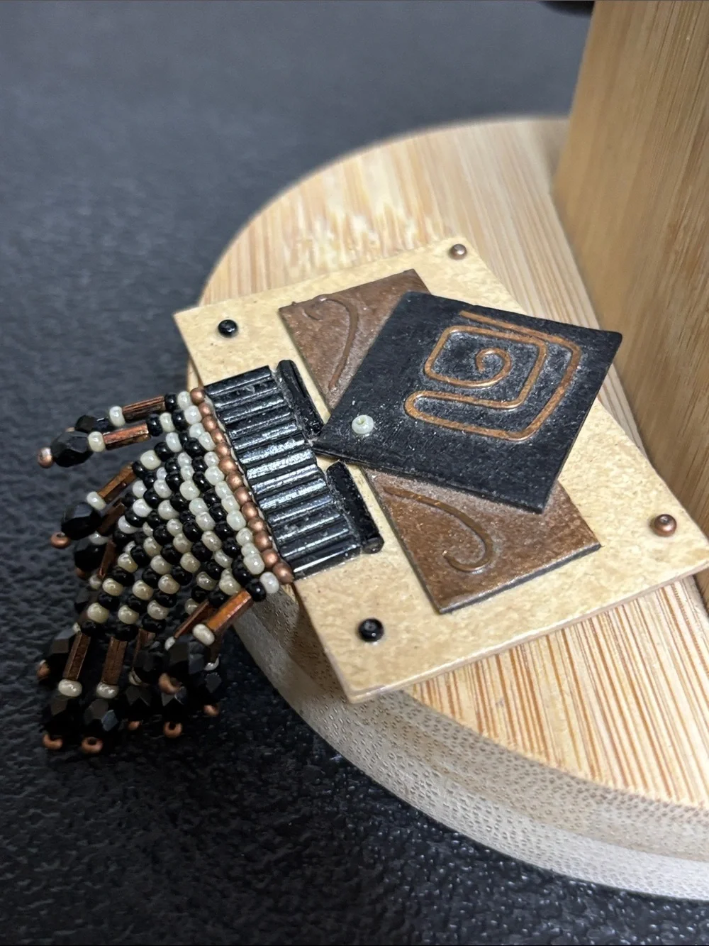 Handcrafted Geometric Metal Beaded Fringe Pendant in Black Bronze Brooch